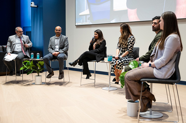 Gregory D. Abowd, Dean of the College of Engineering and Professor of Electrical and Computer Engineering, Anvesh Gurijala, BS 2016 mechanical engineering; Shruti Kotian, MS 2019 information systems; Kaitlin McCarthy, BS 2009 civil engineering; Hamed Tabkhi, PhD 2014 computer engineering; Emily Wisniewski, BS 2015 chemical engineering
